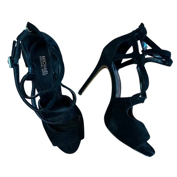 Michael Michael Kors Black Suede Peep Toe Strappy High Heel Sandals Size 8M - Picture 1 of 12